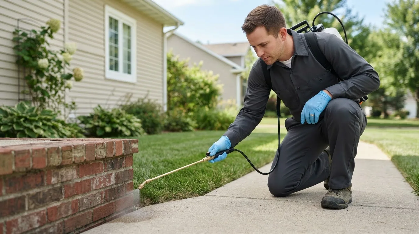 Pest control technician treating a home near Lucasville, OH