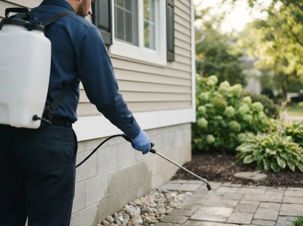 Pest control technician inspecting a home in Lucasville, OH